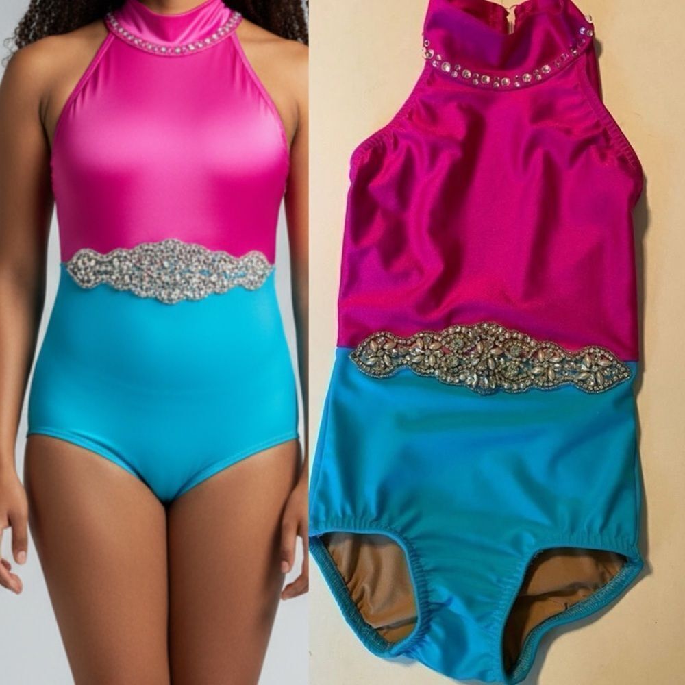 Custom rhinestoned dance costume hot pink Aqua blue leotard child S